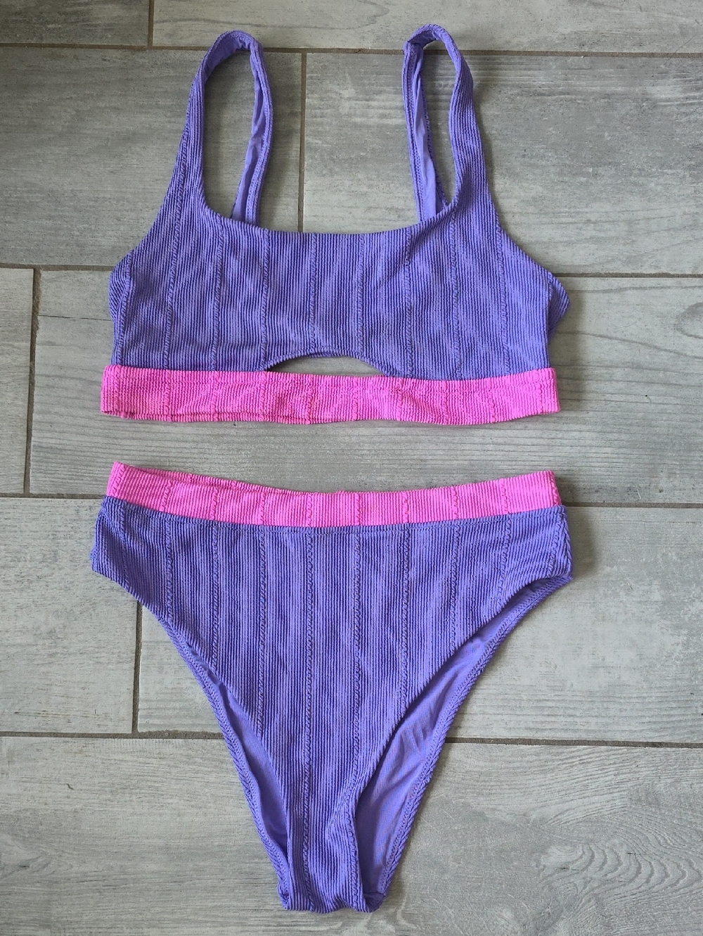Aerie Purple Ribbed Bikini Set with Pink Trim